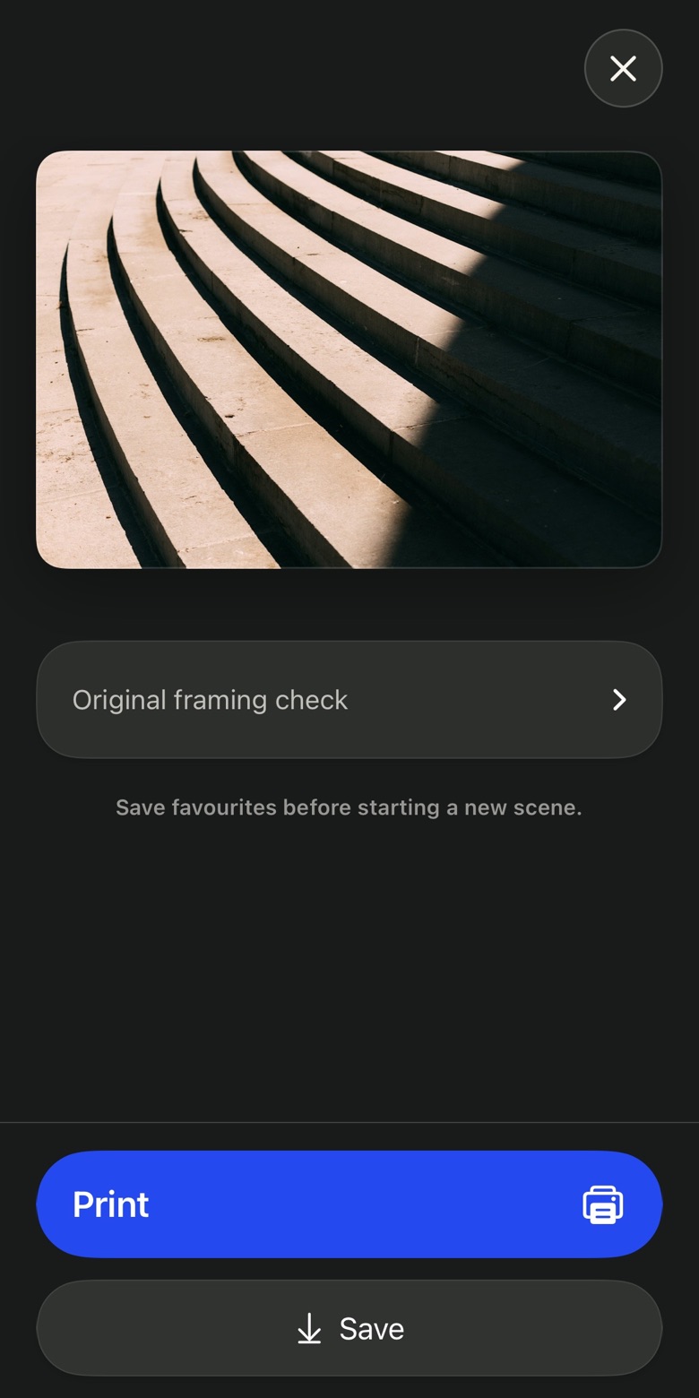 Fotoansicht von Take PRO mit Beispielfoto und Save-Taste