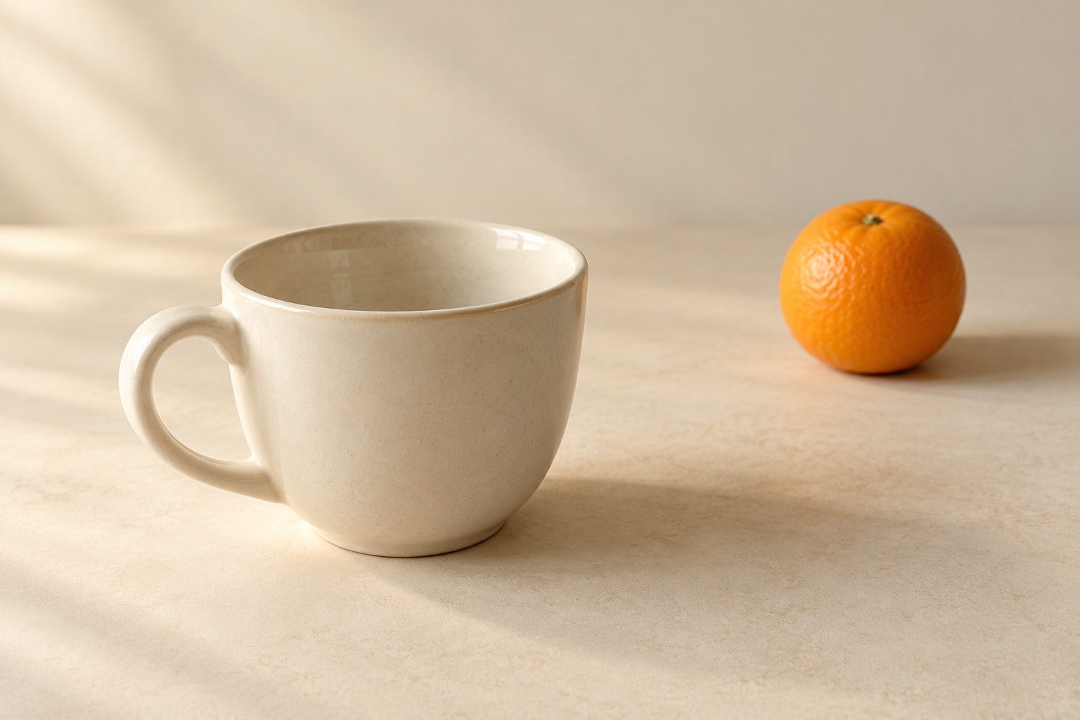 Lehrillustration einer cremefarbenen Tasse, leicht oberhalb ihres Randes betrachtet; dahinter rechts liegt eine Orange mit deutlich sichtbarem Abstand.
