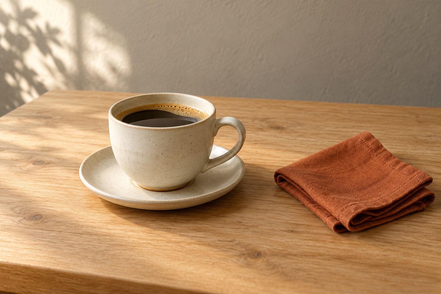 Une tasse crème entière sur sa soucoupe, près d’une serviette orange ; des espaces nets séparent les objets des bords de l’image.