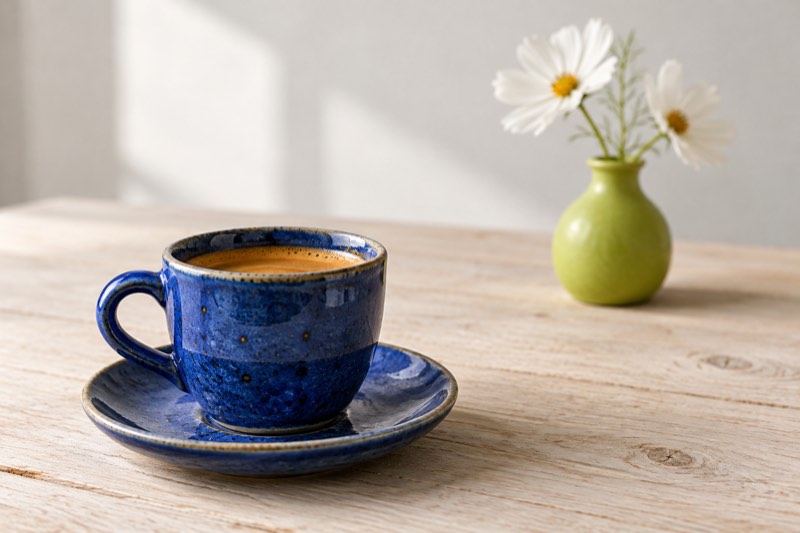 Eine scharf abgebildete kobaltblaue Tasse im Vordergrund; dahinter eine weichere limettengrüne Vase mit weißen Blüten.