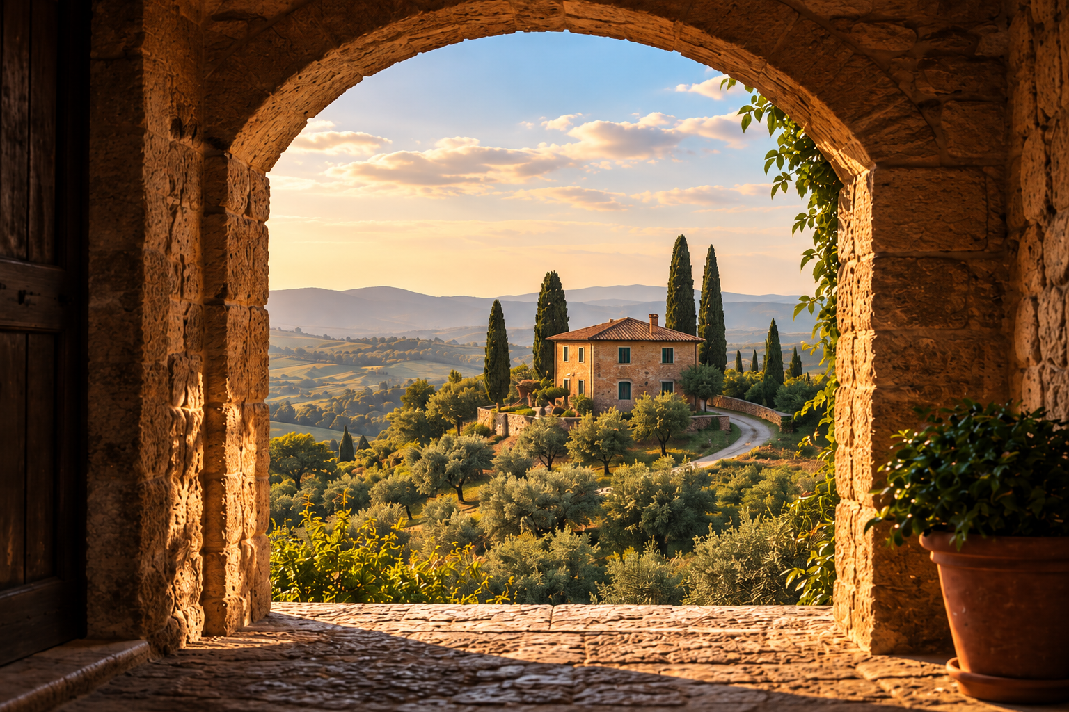 Teaching illustration: a rough stone arch surrounds an unobstructed view of a house on a sunlit hill.