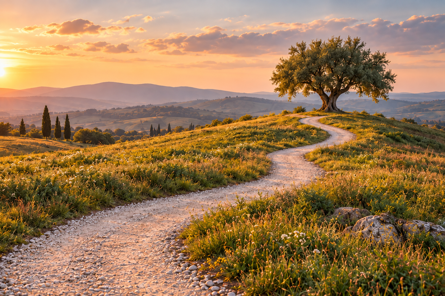 Illustrative landscape: a pale winding path crosses the foreground and reaches a lone olive tree on a grassy rise.