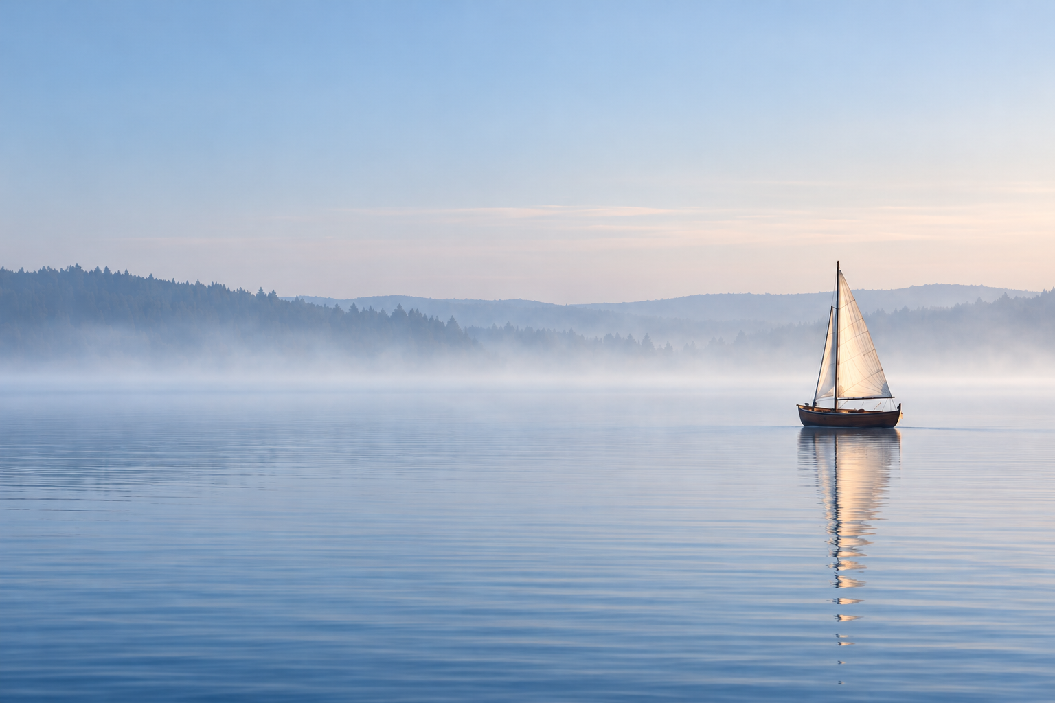 Conceptual illustration of a small sailboat surrounded by a broad, quiet lake.