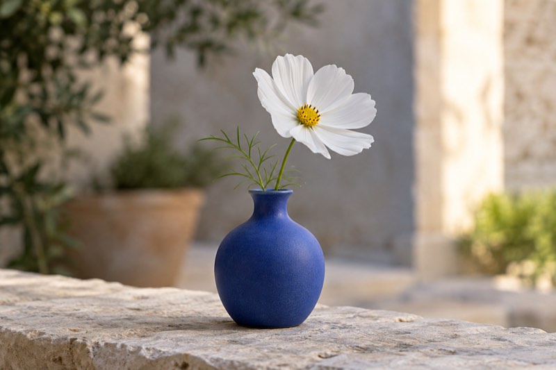 Una flor blanca en un jarrón azul cobalto, iluminada suavemente a la sombra, con una zona soleada en la pared del fondo.