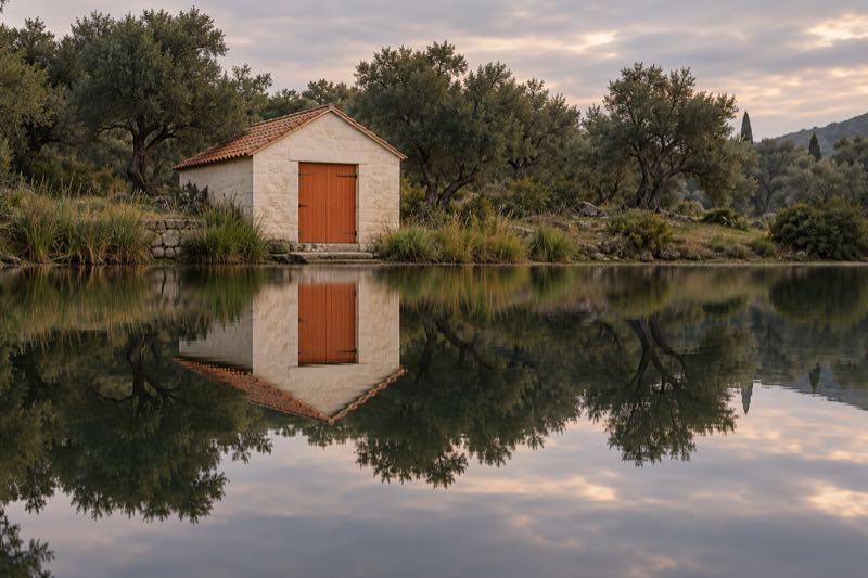 Ein cremefarbenes Bootshaus mit orangefarbener Tür und seinem umgekehrten Spiegelbild in einem ruhigen Teich.