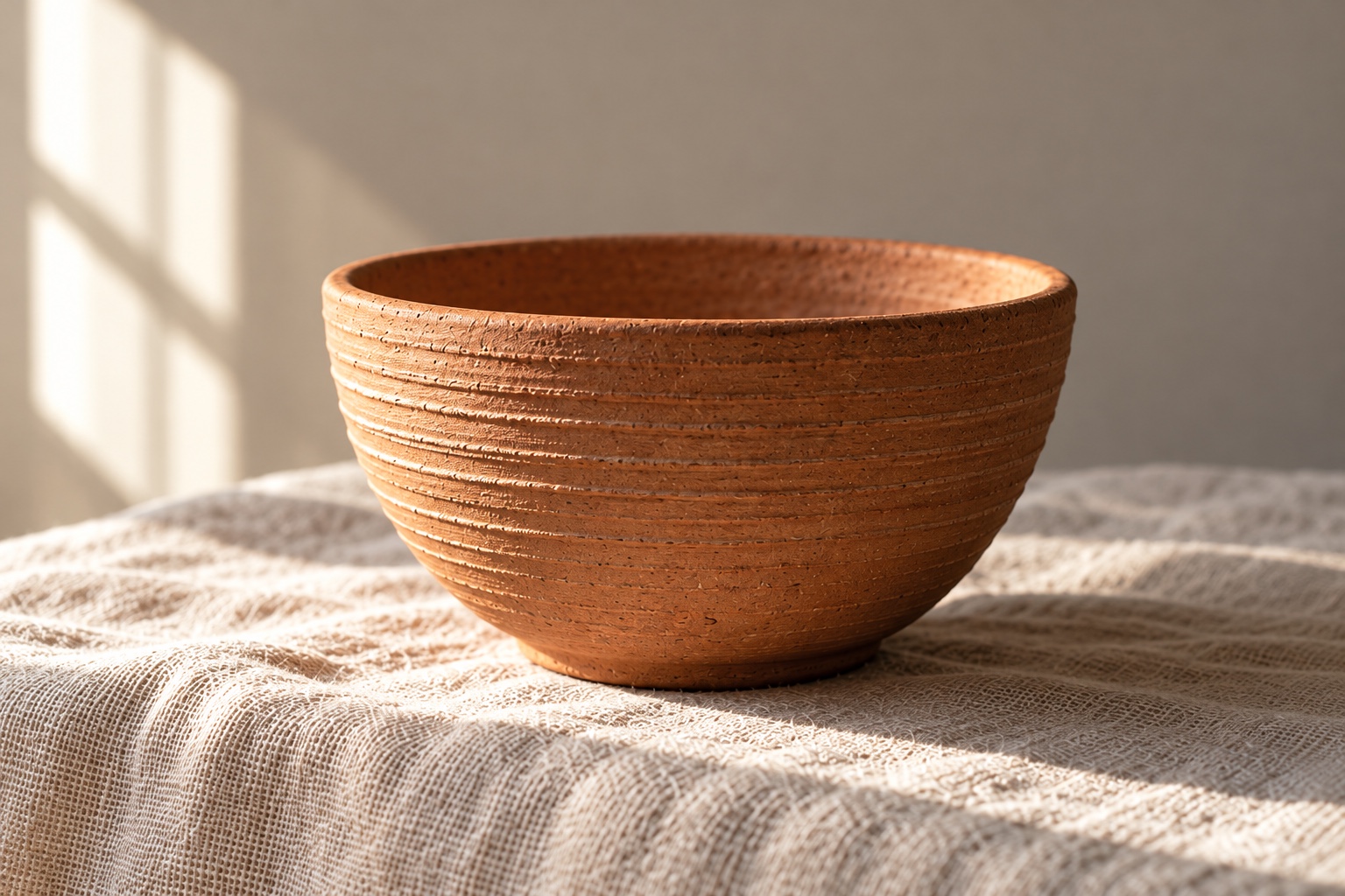 Ilustración didáctica de un cuenco de terracota mate sobre lino claro; la luz desde la izquierda destaca los surcos y proyecta una sombra hacia la derecha.