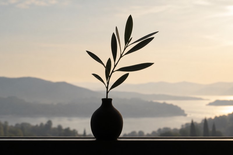 Silhueta escura de um ramo de oliveira em um vaso no parapeito, diante de céu claro e uma paisagem distante. Ilustração de IA.