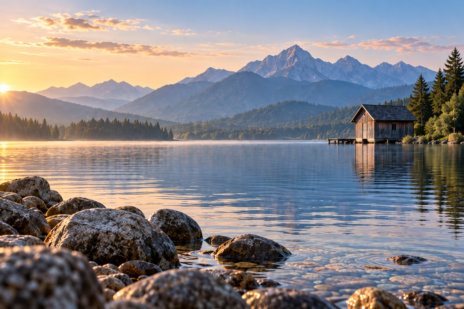 Educational illustration of nearby shore stones, a wooden boathouse across water and distant blue mountains.