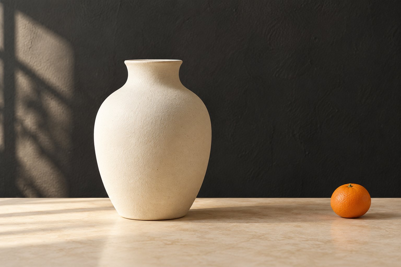 Vaso de cerâmica marfim diante de uma parede cinza-escura, com uma pequena laranja sobre uma mesa creme.