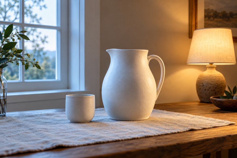 Jarra e xícara brancas entre a luz fria da janela e uma luminária quente. Ilustração criada com IA.