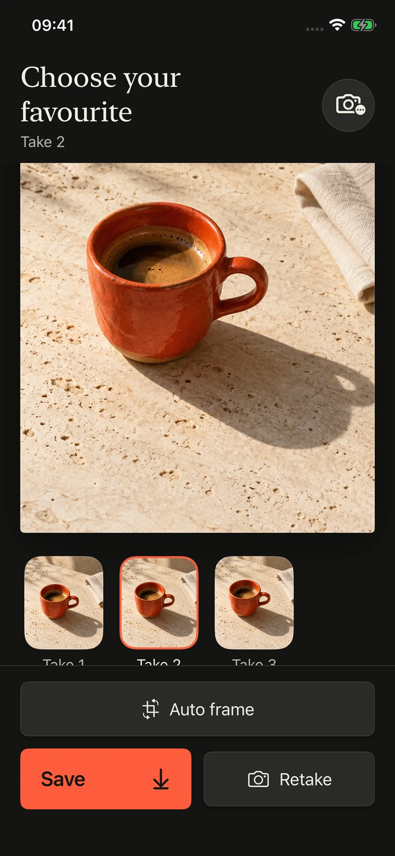 Real Take PRO demonstration screen showing a coffee photograph and three take thumbnails.