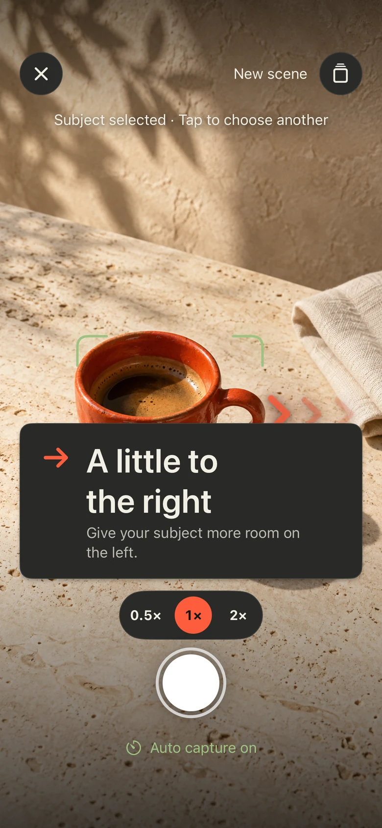 Real Take PRO demo showing a coffee cup and the hint A little to the right.